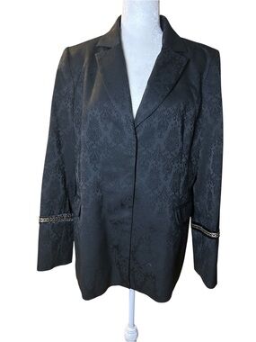 Women's Black Jacquard Blazer with Decorative Cuff Trim large